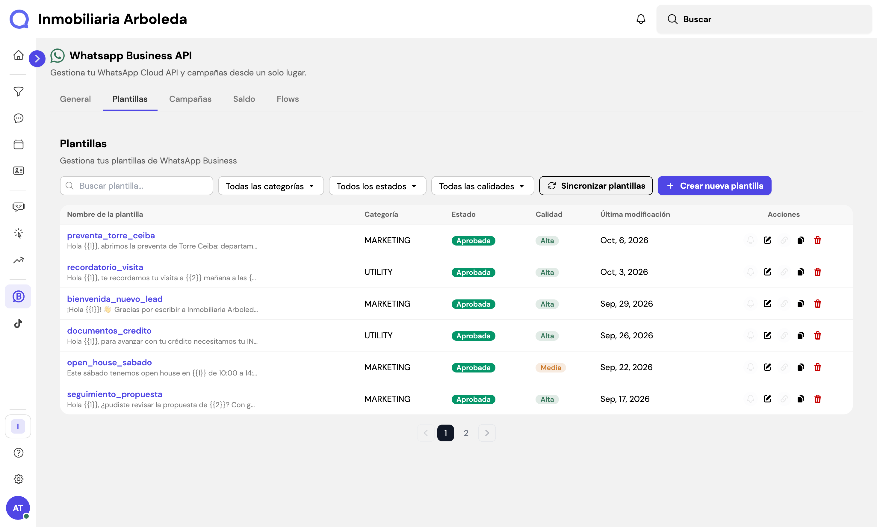 Biblioteca de modelos de mensagem da WhatsApp Business API na Leadsales, com os modelos aprovados prontos para uma campanha.
