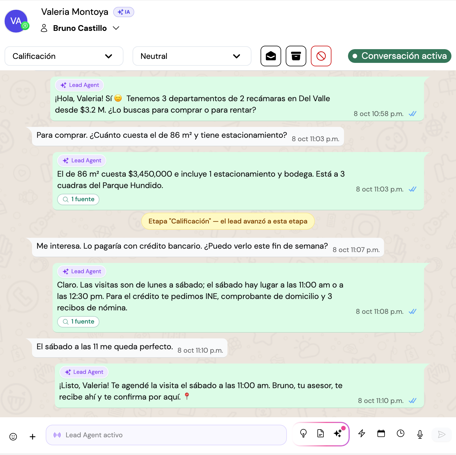 Conversa no WhatsApp à noite em que o Lead Agent responde preços e horários e agenda a visita do lead.