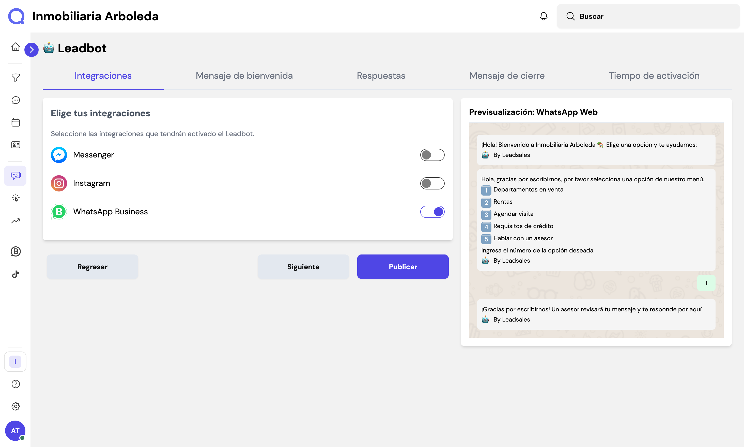 Editor do Leadbot na Leadsales com o WhatsApp Business ativo e a prévia do menu de opções.