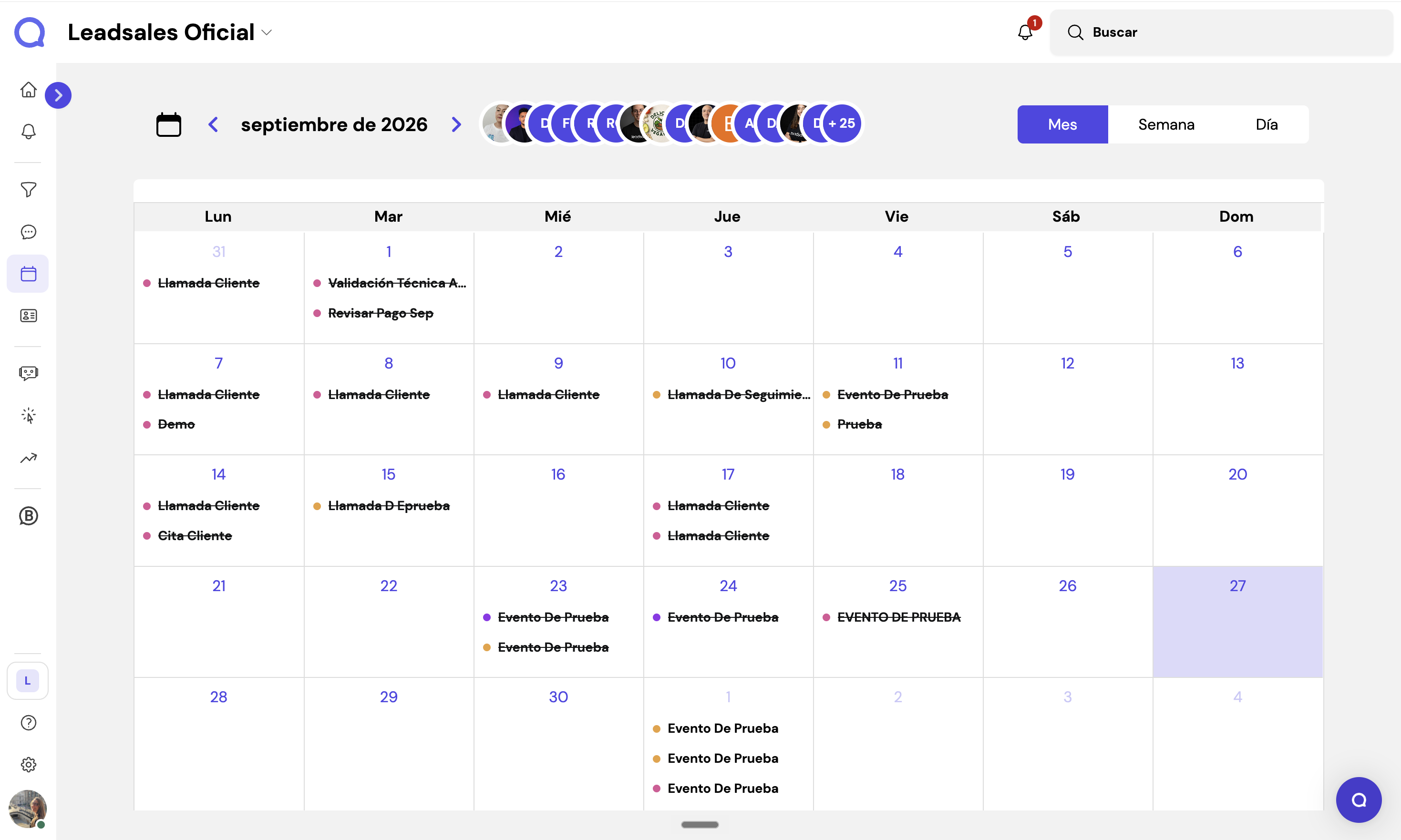 Agenda de tareas de Leadsales con calendario y actividades de seguimiento del equipo.