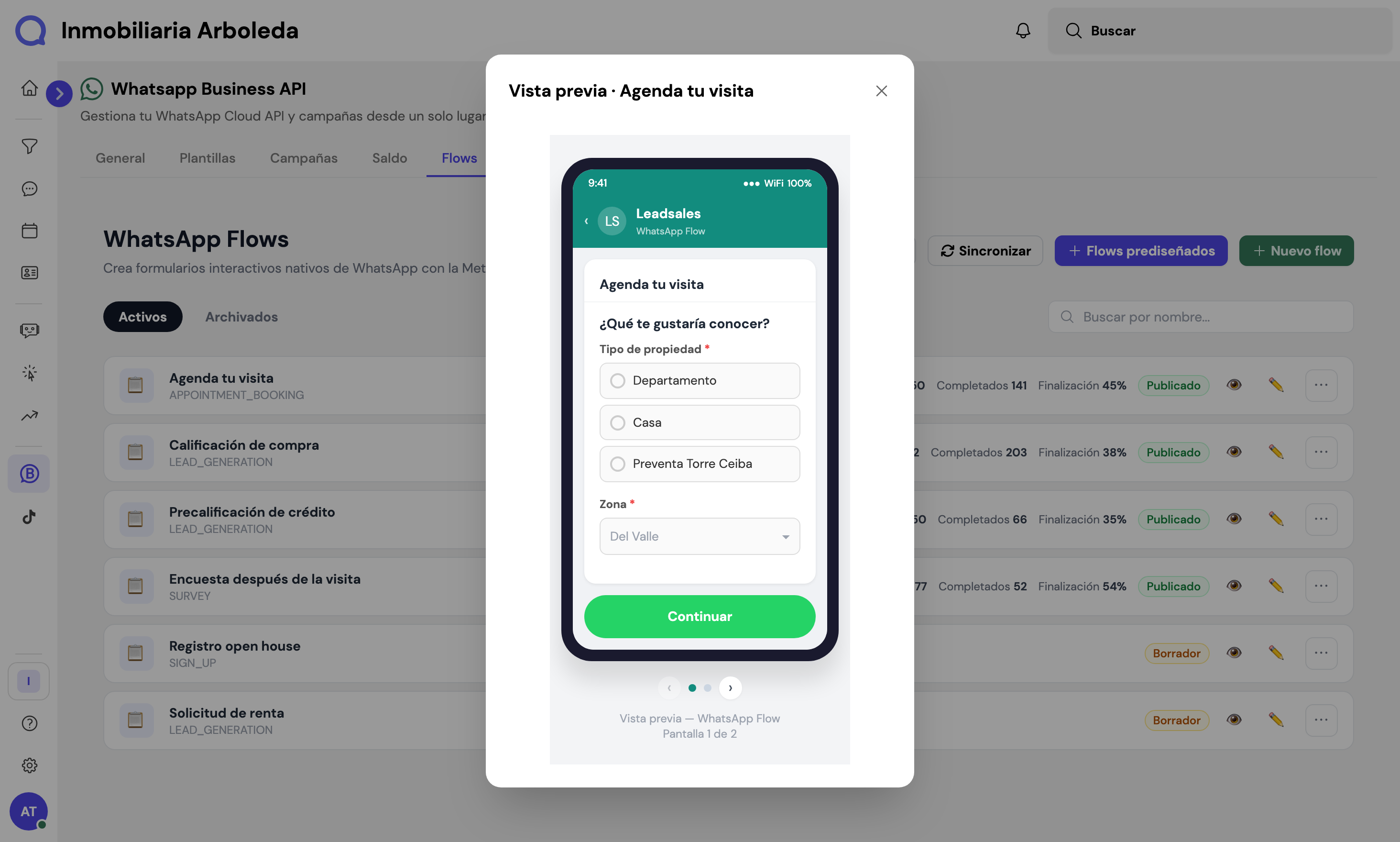 Prévia de um WhatsApp Flow na Leadsales: um formulário para agendar uma visita, aberto no WhatsApp.