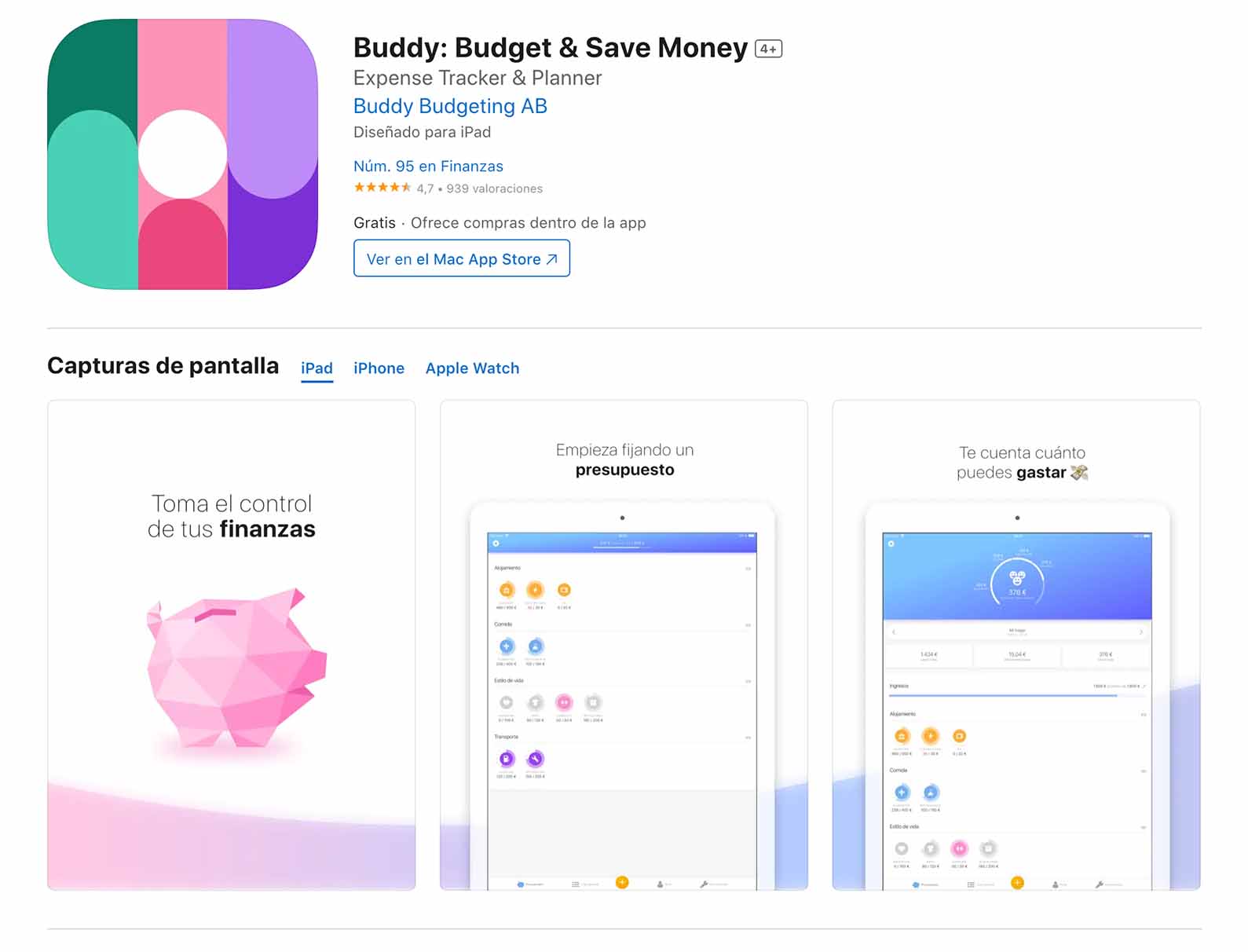 Captura de pantalla de la App Store de iOS mostrando la app Buddy: Budget & Save Money