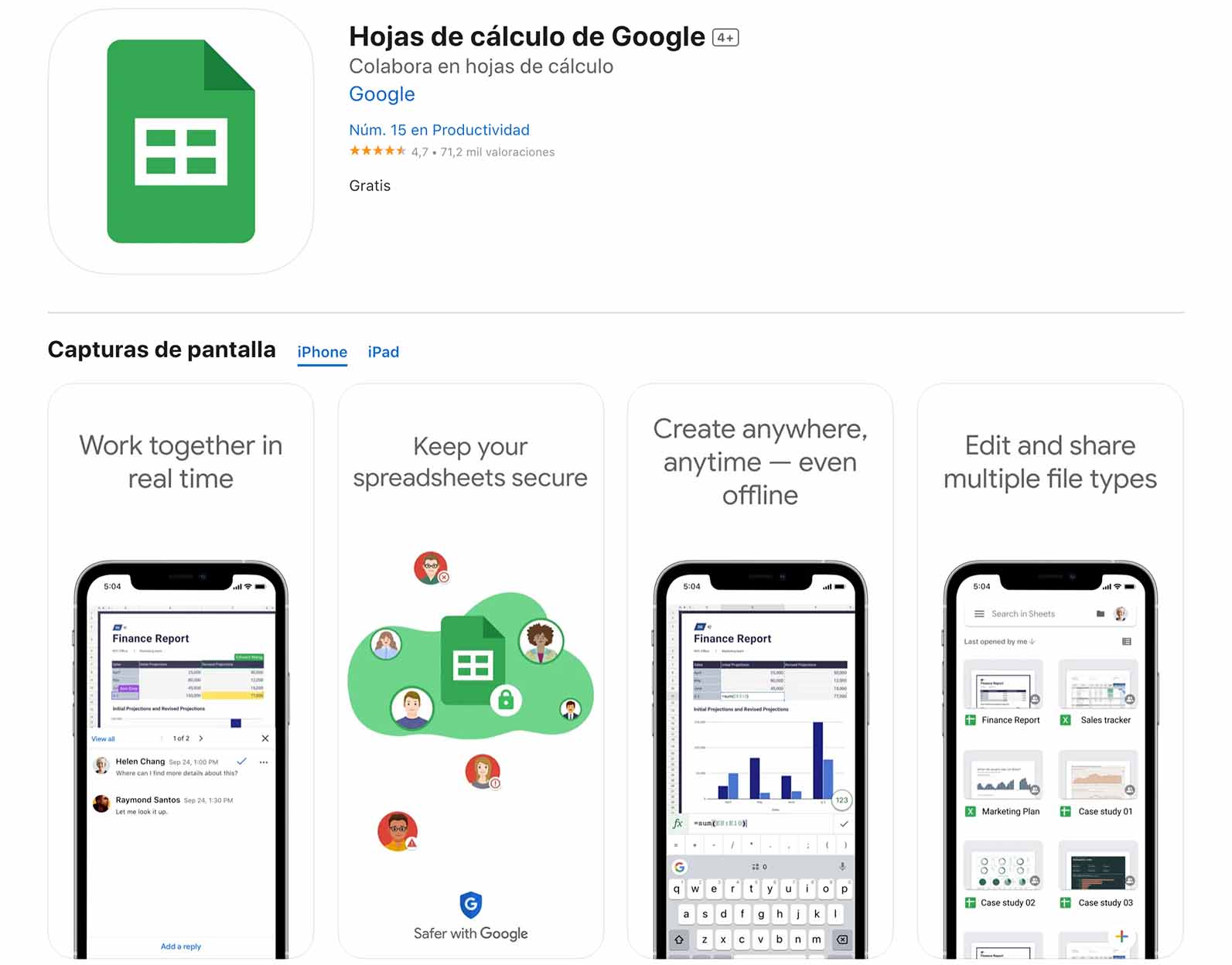 Captura de pantalla de la App Store de iOS mostrando la app Hojas de cálculo de Google