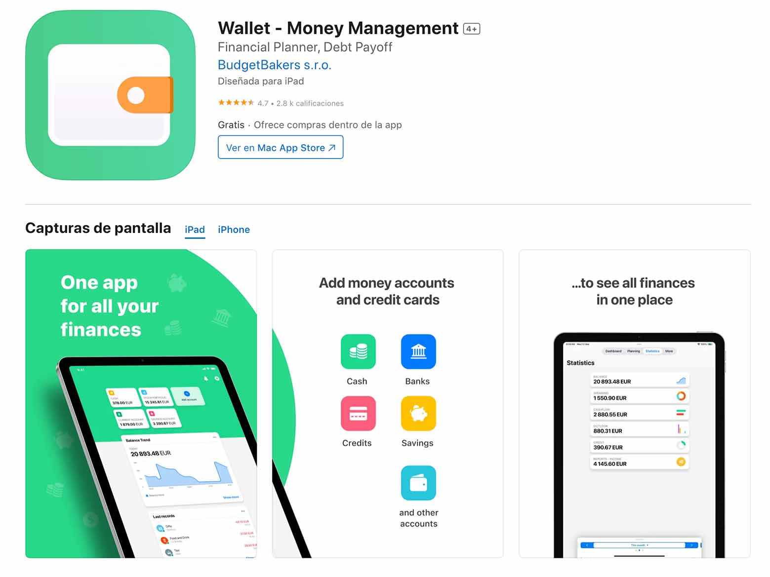 Captura de pantalla de la App Store de iOS mostrando la app Wallet Money Management
