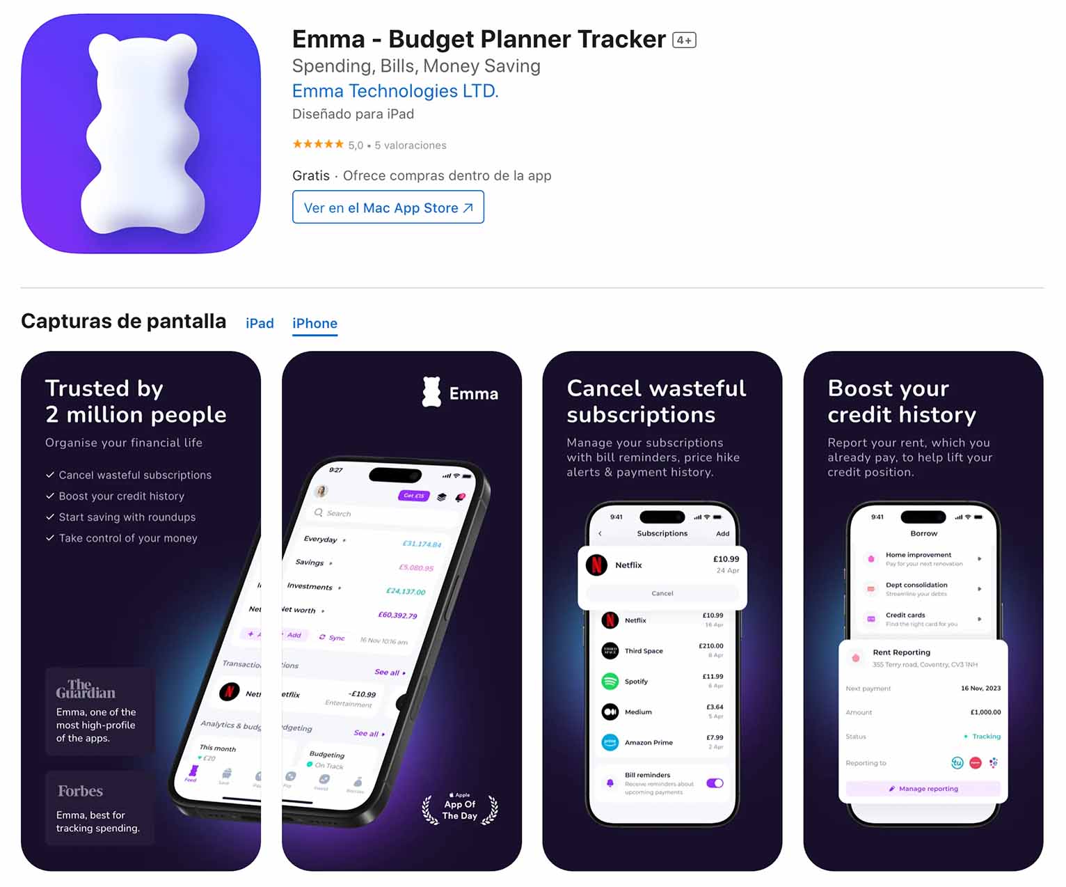 Captura de pantalla de la App Store de iOS mostrando la app Emma Budget Planner Tracker