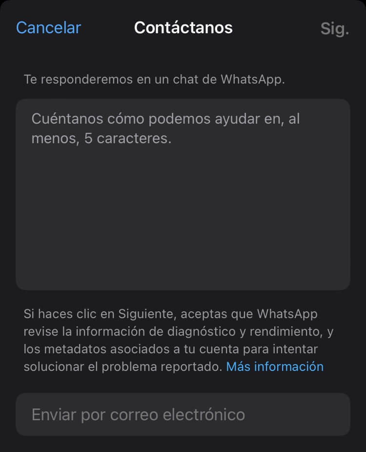 Pantalla para redactar mensaje para contactar WhatsApp
