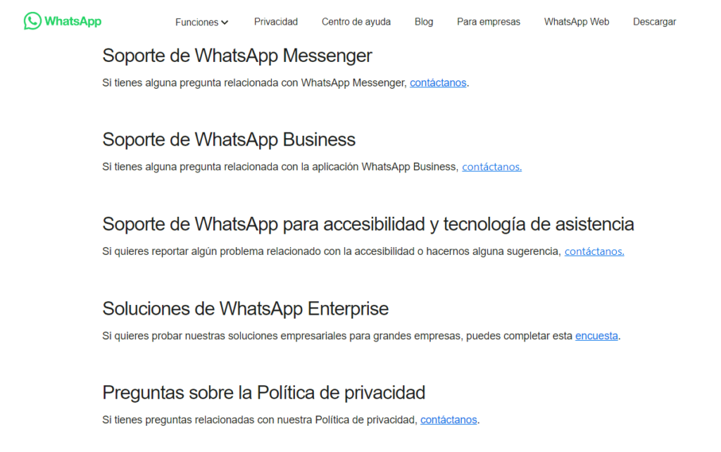 Página de soporte de WhatsApp