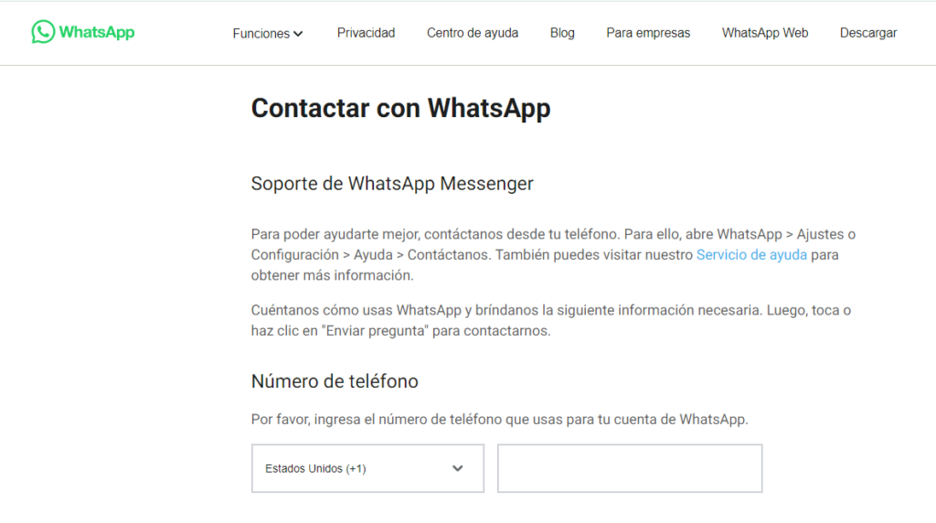 Página de soporte de WhatsApp para ingresar número asociado