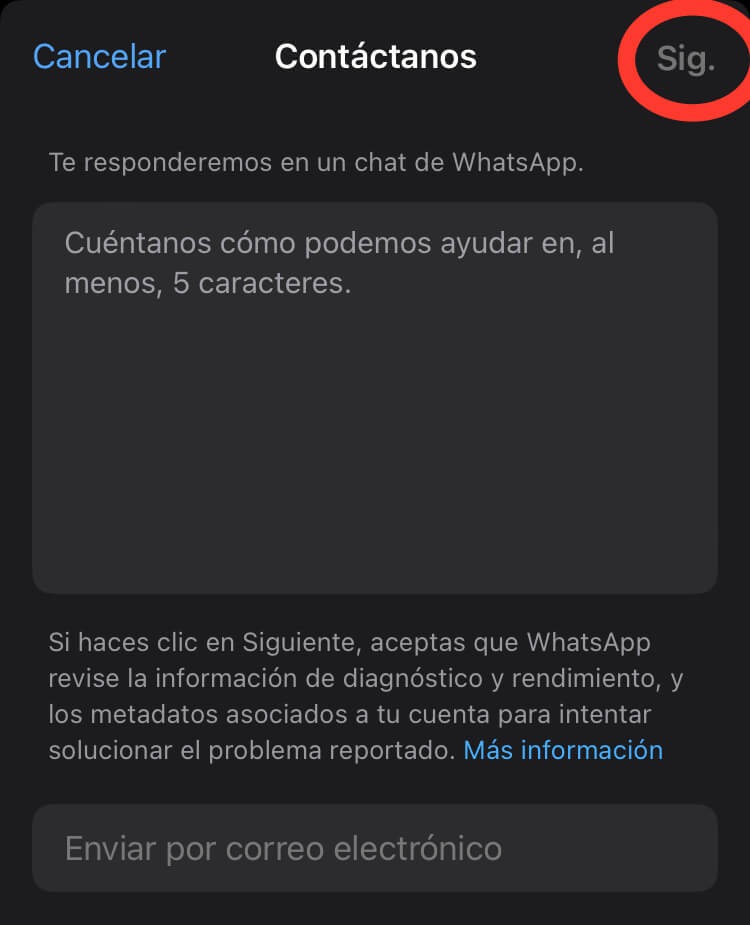 Pantalla para mensaje para WhatsApp