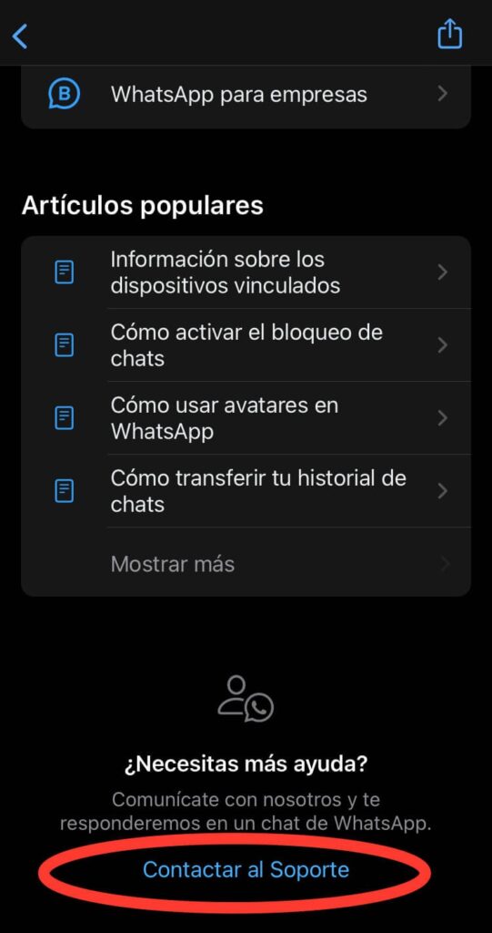 Pantalla para contactar a soporte en WhatsApp