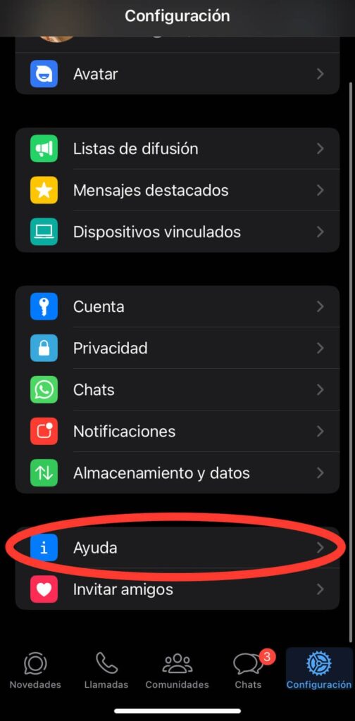 Pantalla de ayuda de WhatsApp