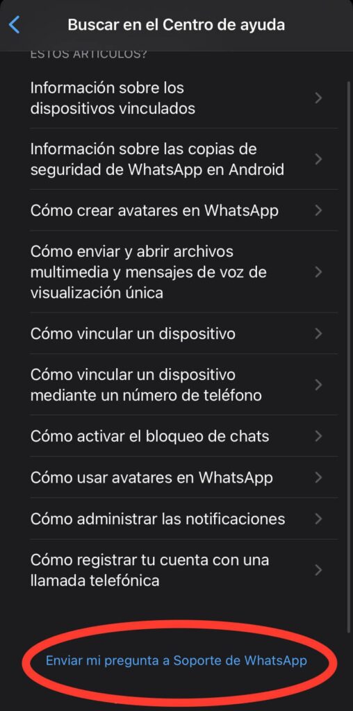 Pantalla para enviar pregunta a soporte de WhatsApp