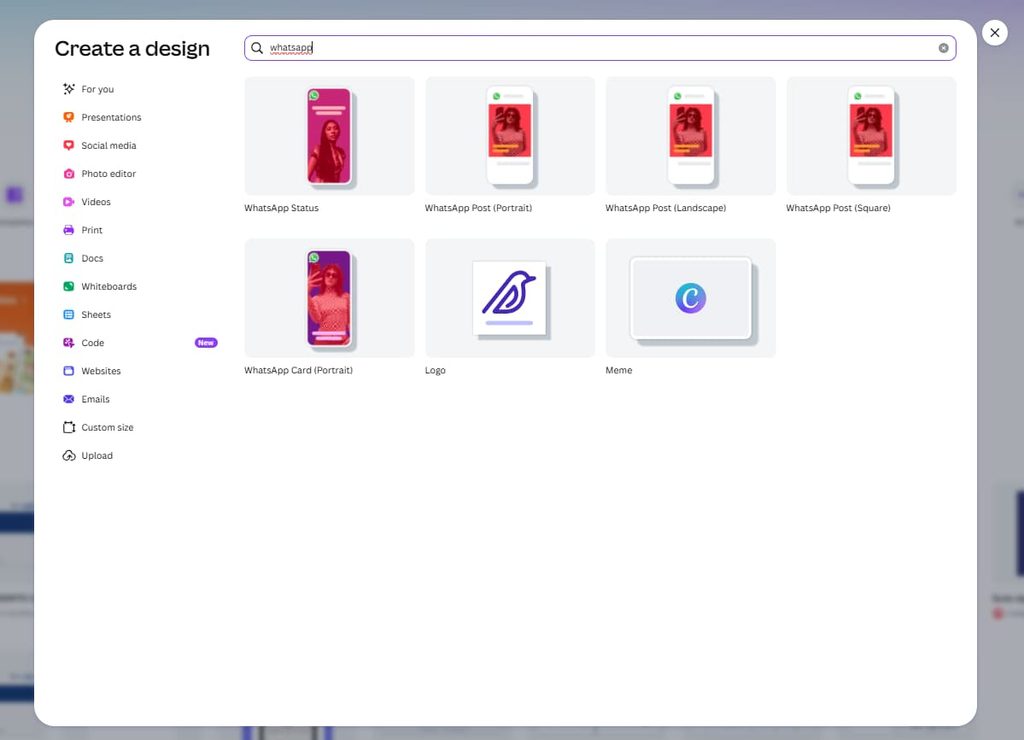 Opciones de formato para crear diseños de WhatsApp en Canva
