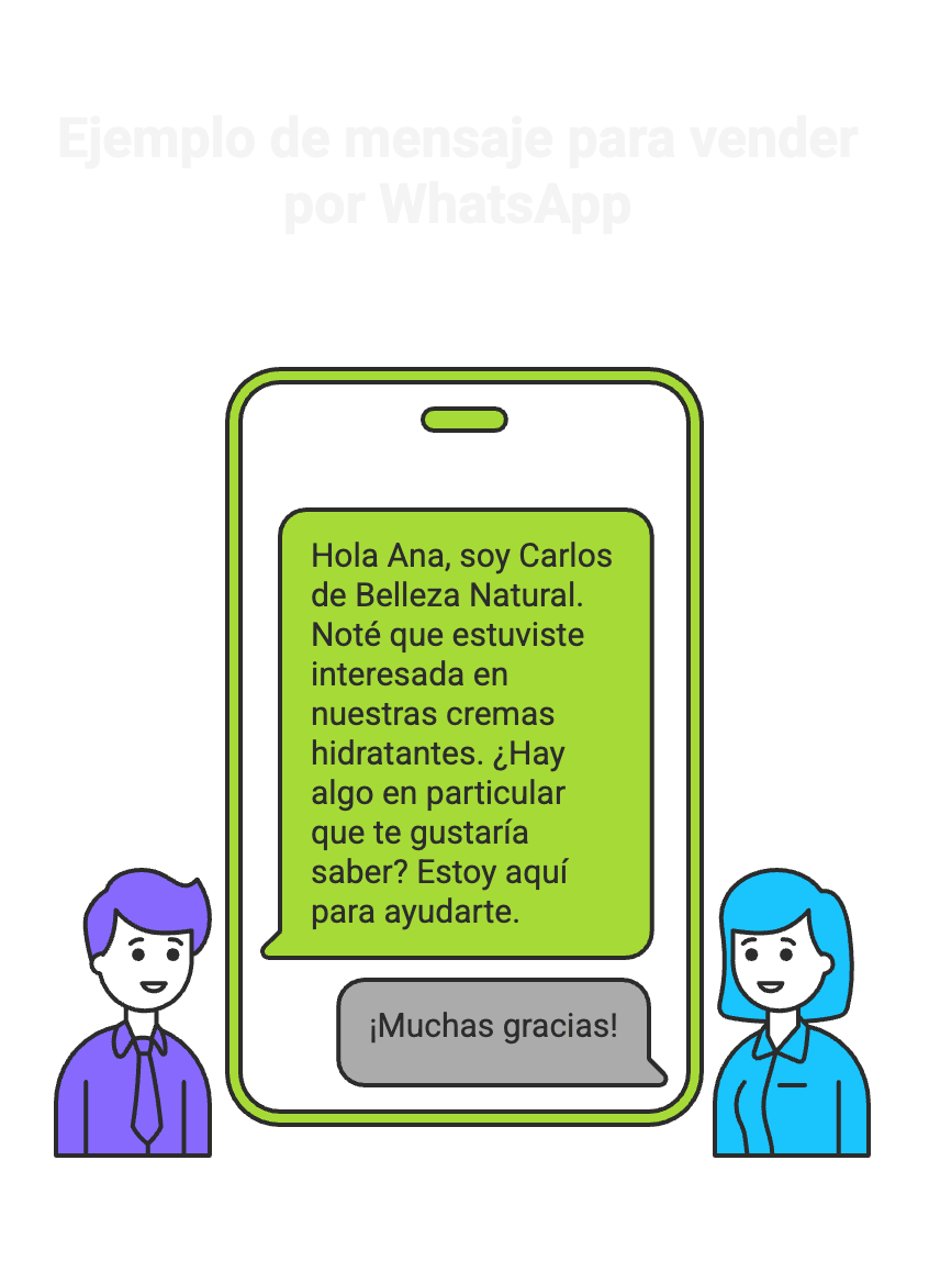 Ejemplo de mensaje de ventas por WhatsApp que incluye personalización, valor inmediato y una pregunta abierta para iniciar la conversación con el cliente.