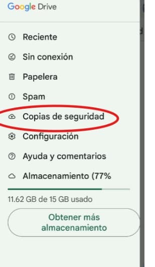 Menú lateral de Google Drive en Android con la opción "Copias de seguridad" resaltada en círculo rojo