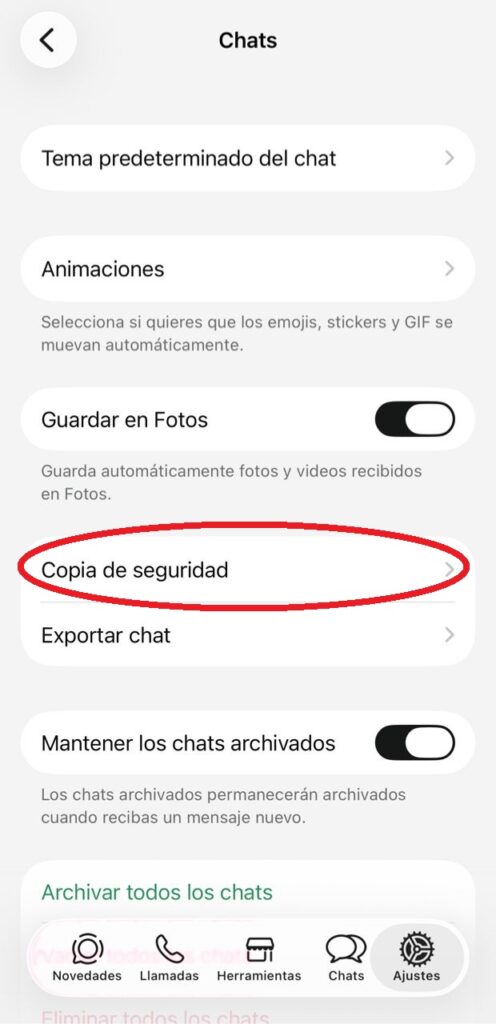 Pantalla de Chats en WhatsApp iPhone con la opción "Copia de seguridad" resaltada en círculo rojo