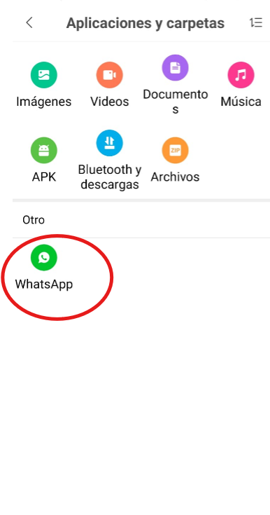 Vista del administrador de archivos de Android mostrando la carpeta de WhatsApp en la sección "Otro"