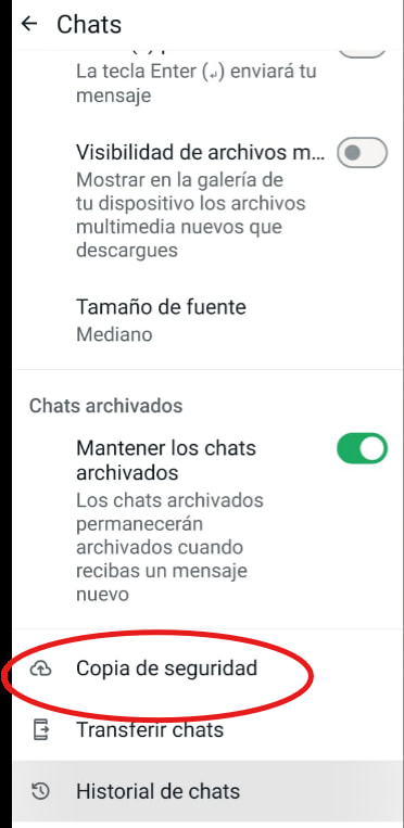 Pantalla de Chats en WhatsApp Android con la opción "Copia de seguridad" resaltada en círculo rojo