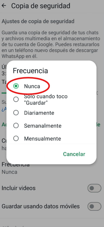Menú de frecuencia de copia de seguridad en WhatsApp Android con la opción "Nunca" seleccionada y resaltada en círculo rojo