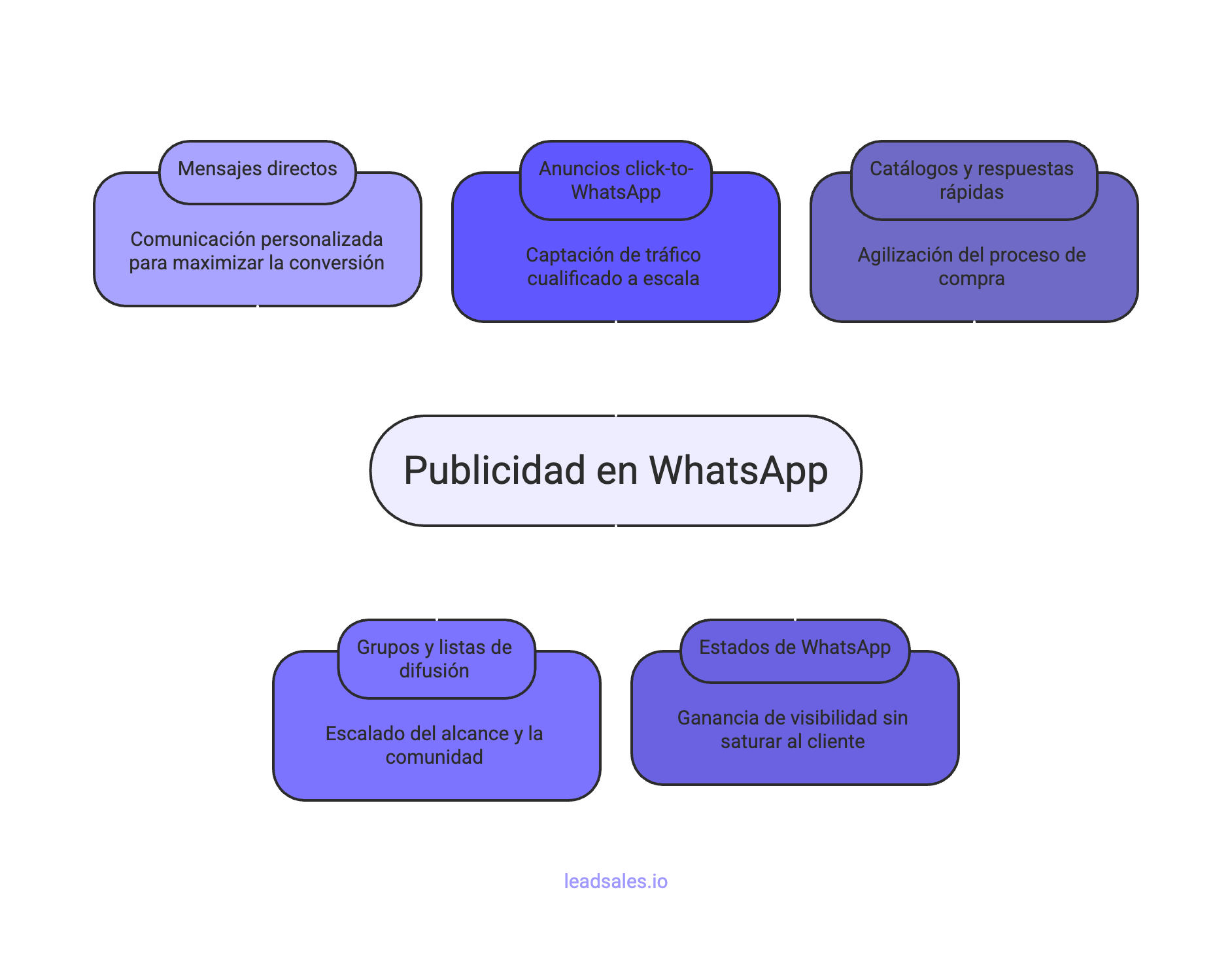 Diagrama que muestra cinco herramientas para hacer publicidad en WhatsApp.