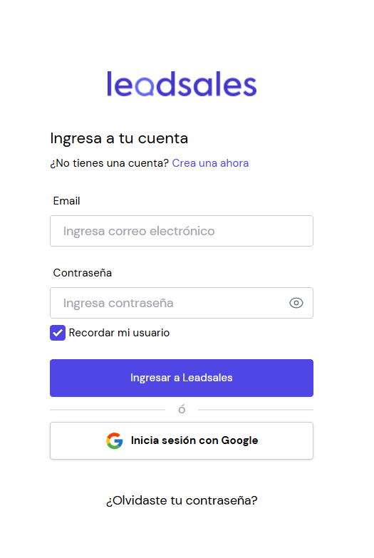 Pantalla para iniciar sesión en Leadsales