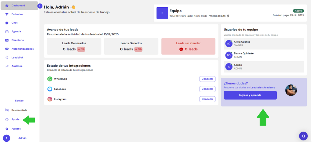 Dashboard con acceso a centro de ayuda en Leadsales
