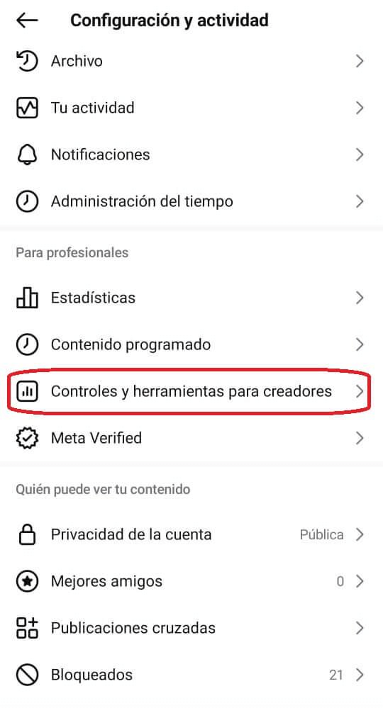 Pantalla de Instagram para creadores