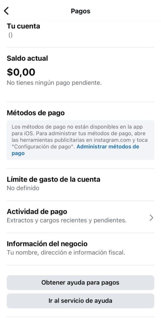 Pantalla de facturación y pago en Instagram
