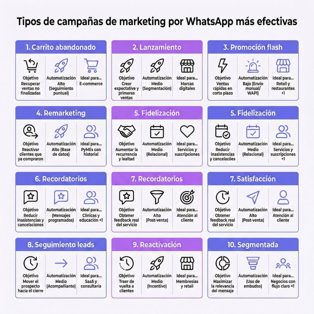 Infografía que muestra el resumen de 10 ejemplos de campañas de marketing por WhatsApp