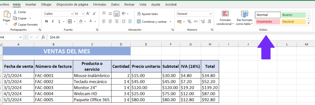 Configuración de formato condicional en Excel de control de ventas