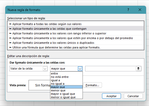 Configuración de formato condicional en Excel de control de ventas