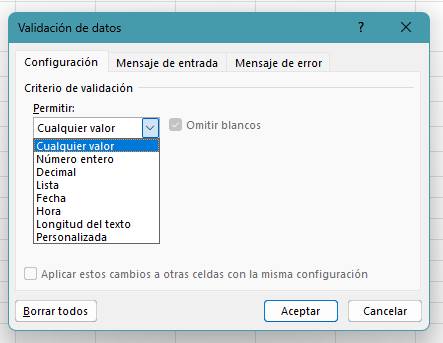 Configuración de validación de datos en Excel de control de ventas