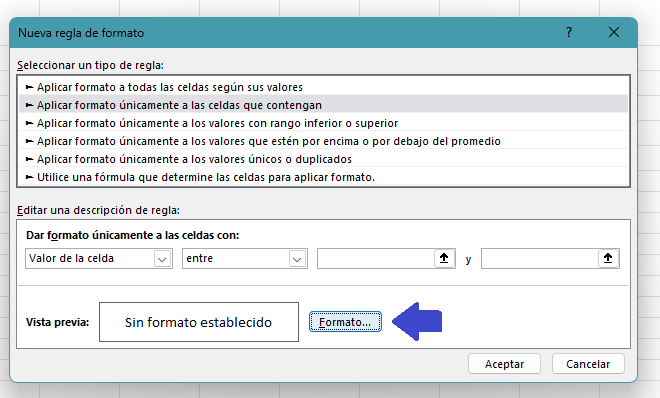 Configuración de formato condicional en Excel de control de ventas