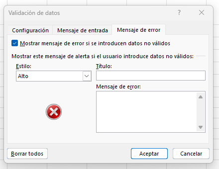 Configuración de validación de datos en Excel de control de ventas
