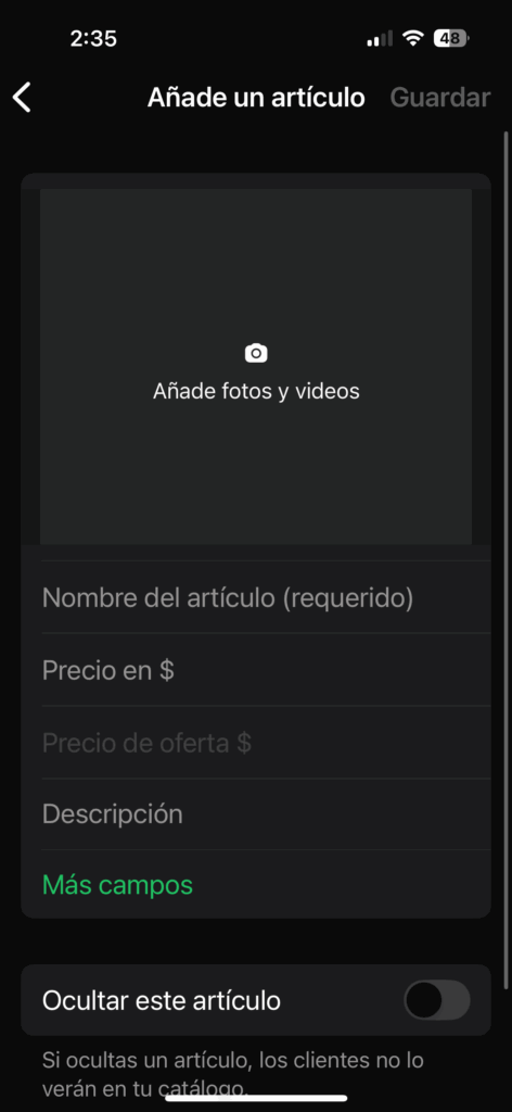 Formulario para añadir un artículo al catálogo de WhatsApp Business, con campos para fotos, nombre del producto, precio, precio de oferta y descripción.