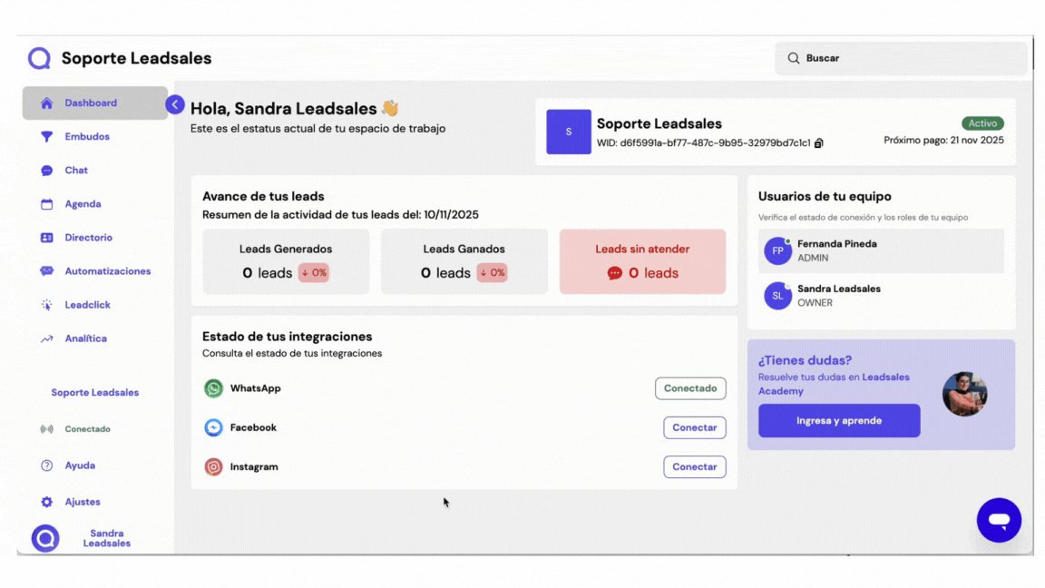 Pantalla de configuración de espaciode trabajo en Leadsales