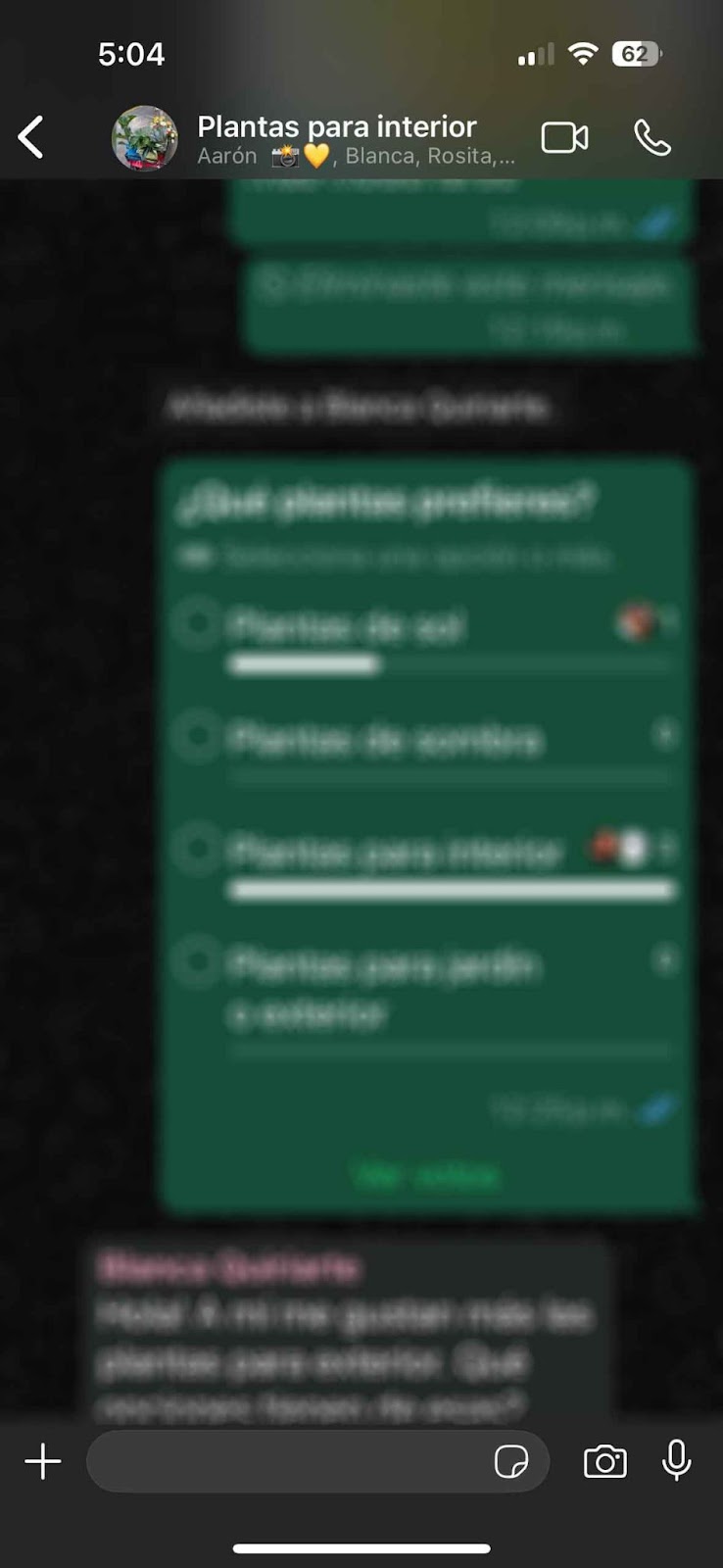 Vista interior del grupo de WhatsApp Plantas para interior con mensajes y una encuesta activa entre los miembros