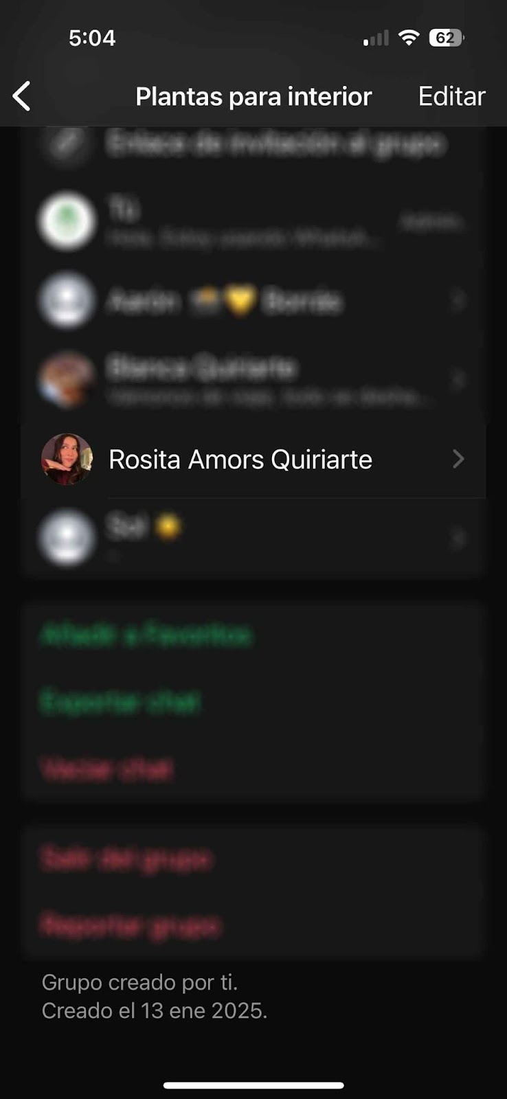 Pantalla de información del grupo Plantas para interior en WhatsApp mostrando la lista de miembros y las opciones Salir del grupo y Reportar grupo al final