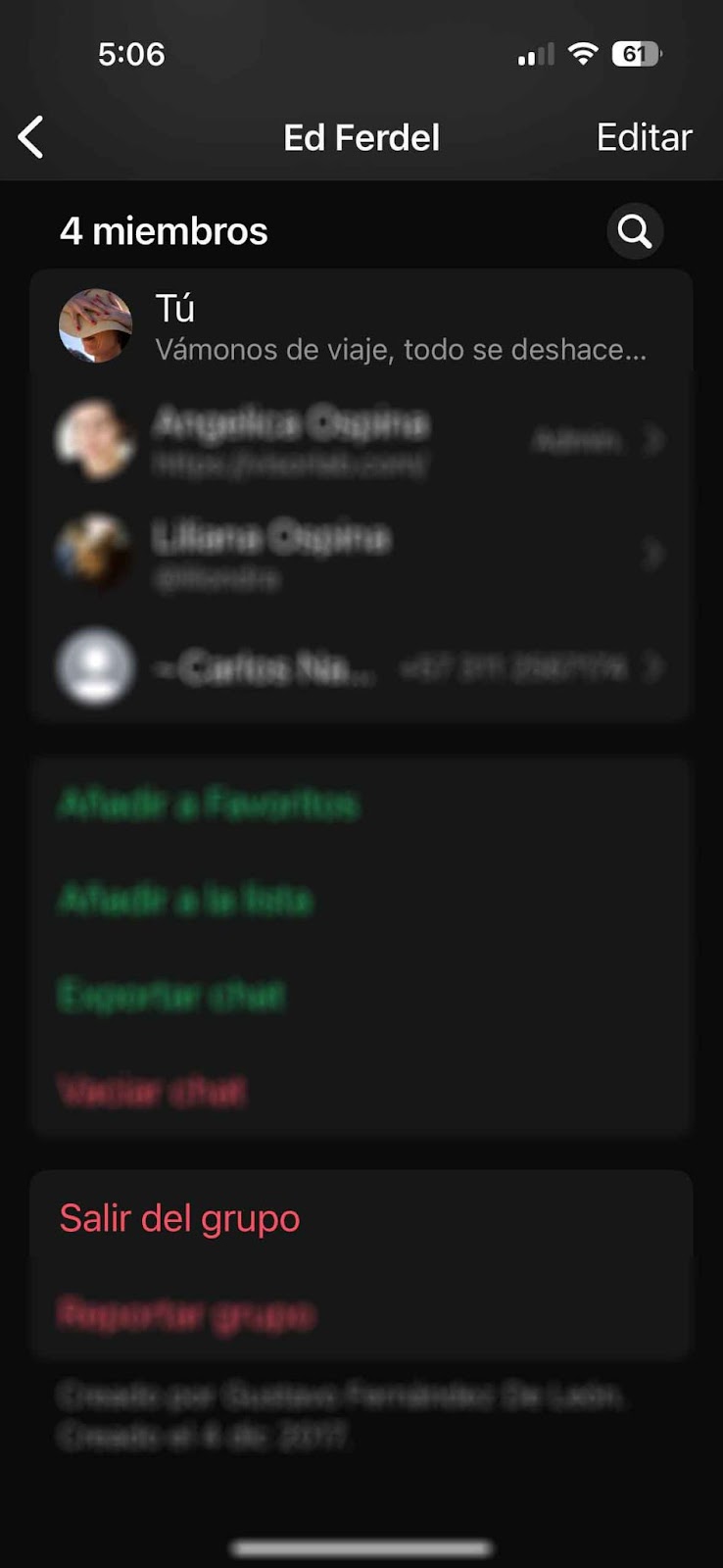 Pantalla de información del grupo Ed Ferdel en WhatsApp con 4 miembros listados y la opción Salir del grupo visible al final