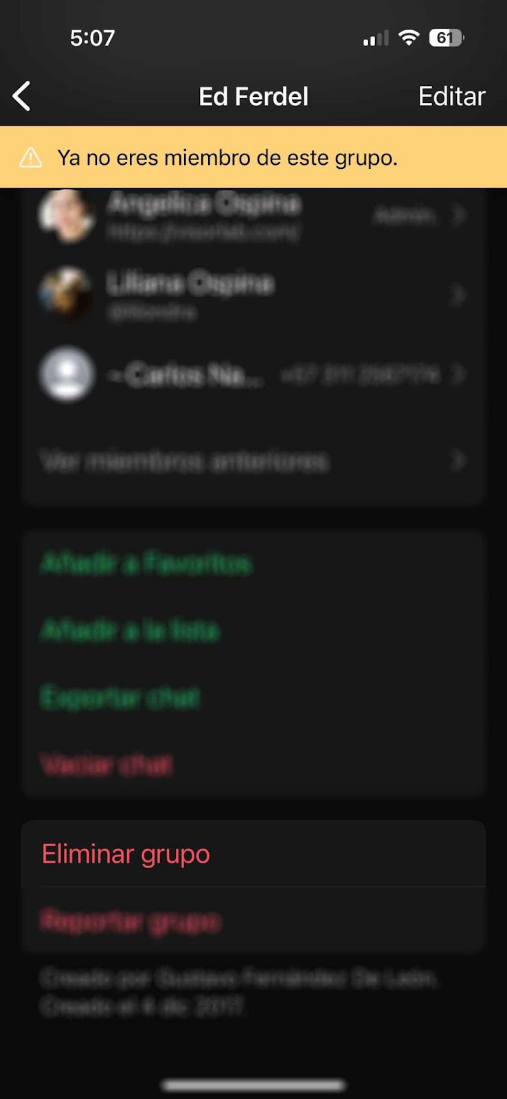 Pantalla de información del grupo Ed Ferdel en WhatsApp con el aviso Ya no eres miembro de este grupo y la opción Eliminar grupo en rojo al final