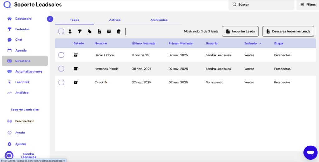 Proceso de gestión de contactos en Leadsales