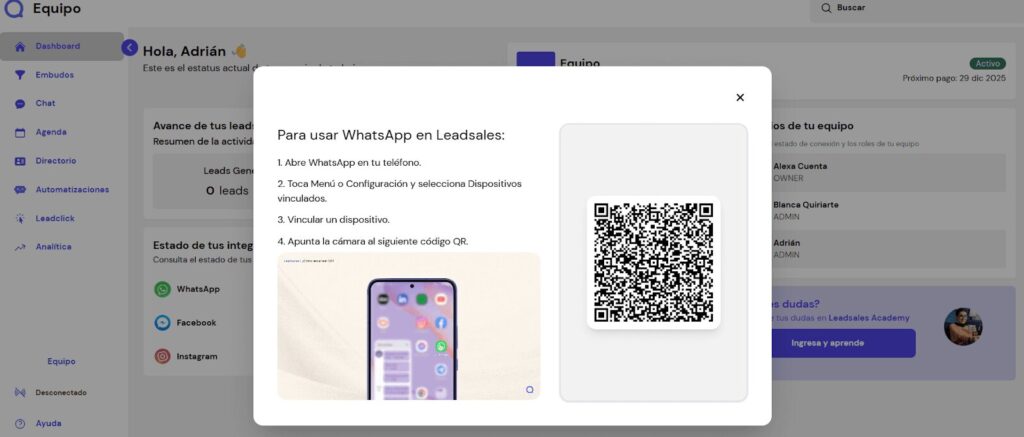 Pantalla de conexión de WhatsApp a Leadsales