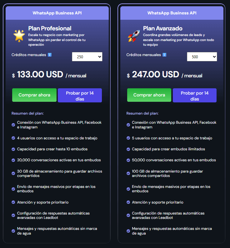 [Pantalla de planes de conexión de WhatsApp API con Leadsales]