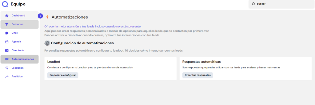 Pantalla de configuración de respuestas automáticas de Leadsales