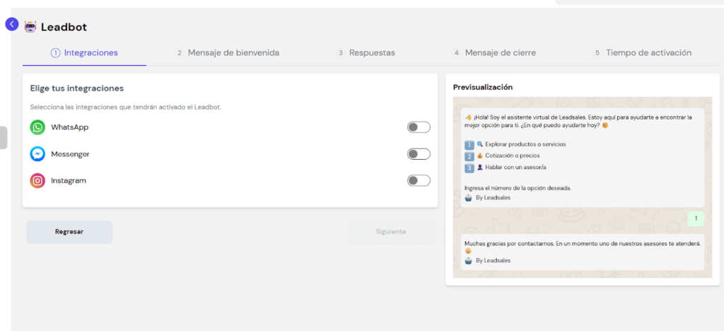 Pantalla de configuración de Leadbot de Leadsales