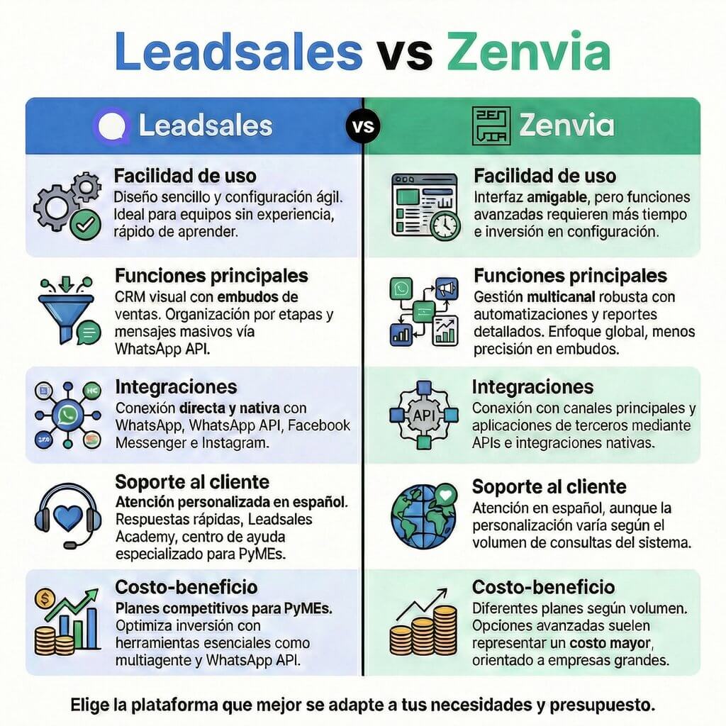 Infografía que muestra una comparación de las características de Leadsales vs Zenvia: facilidad de uso, funciones principales, integraciones, soporte al cliente y costo-beneficio