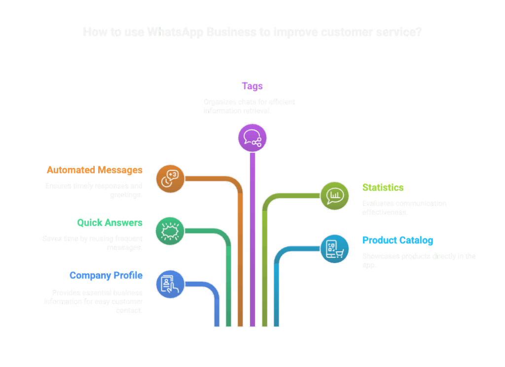 WhatsApp Business features diagram including business profile, quick replies, automated messages, labels, statistics, and product catalog.