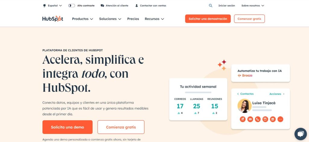 Pantalla de inicio de HubSpot
