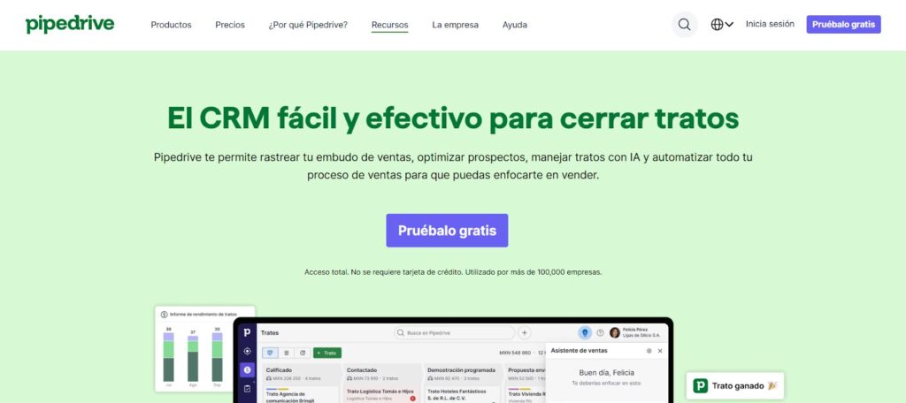 Pantalla de inicio de Pipedrive