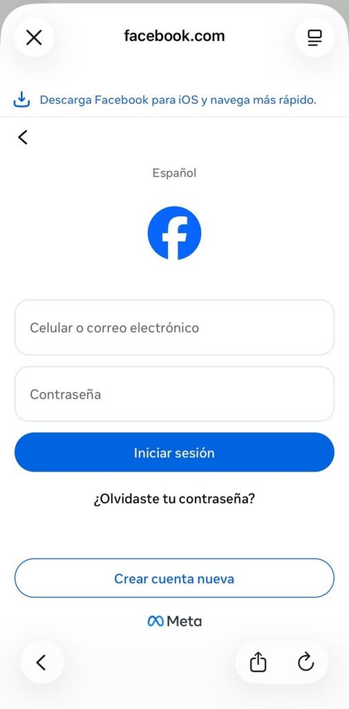 Pantalla para acceder a página de Facebook desde el navegador